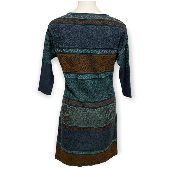 Peruvian Connection Small Green Brown Metallic Detail 3/4 Sleeve Brocade Dress - Picture 4 of 6